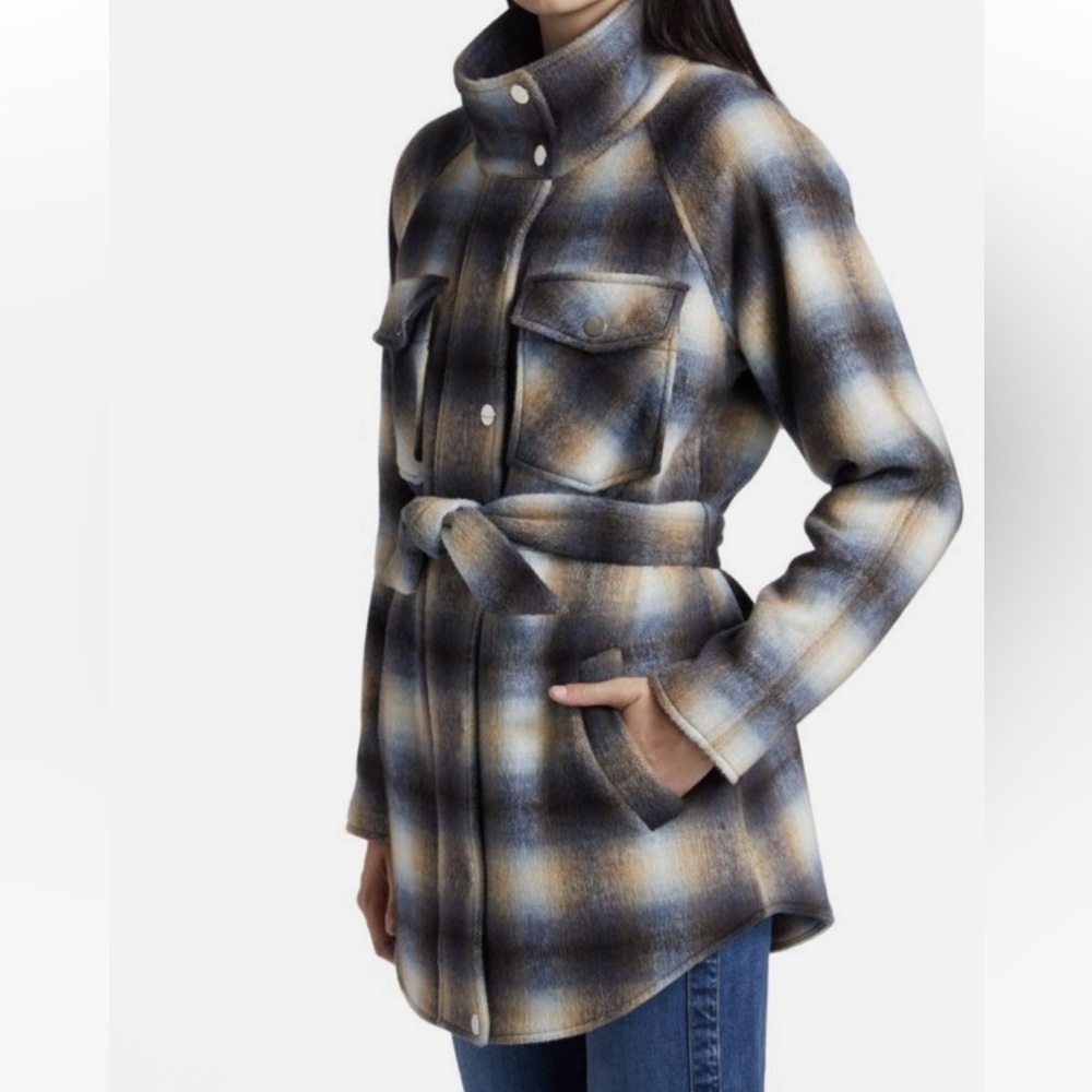 Veronica Beard Plaid Belted Amari Shacket size L - blue khaki ombré